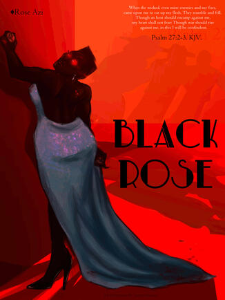 Rose Aretta Azi "The Black Rose." In a sparkly, light blue dress with a romatic, vintage train. She looks into the camera with a fiery expression, wounded with a fist of rage. As suited men approach her in the shadows.
